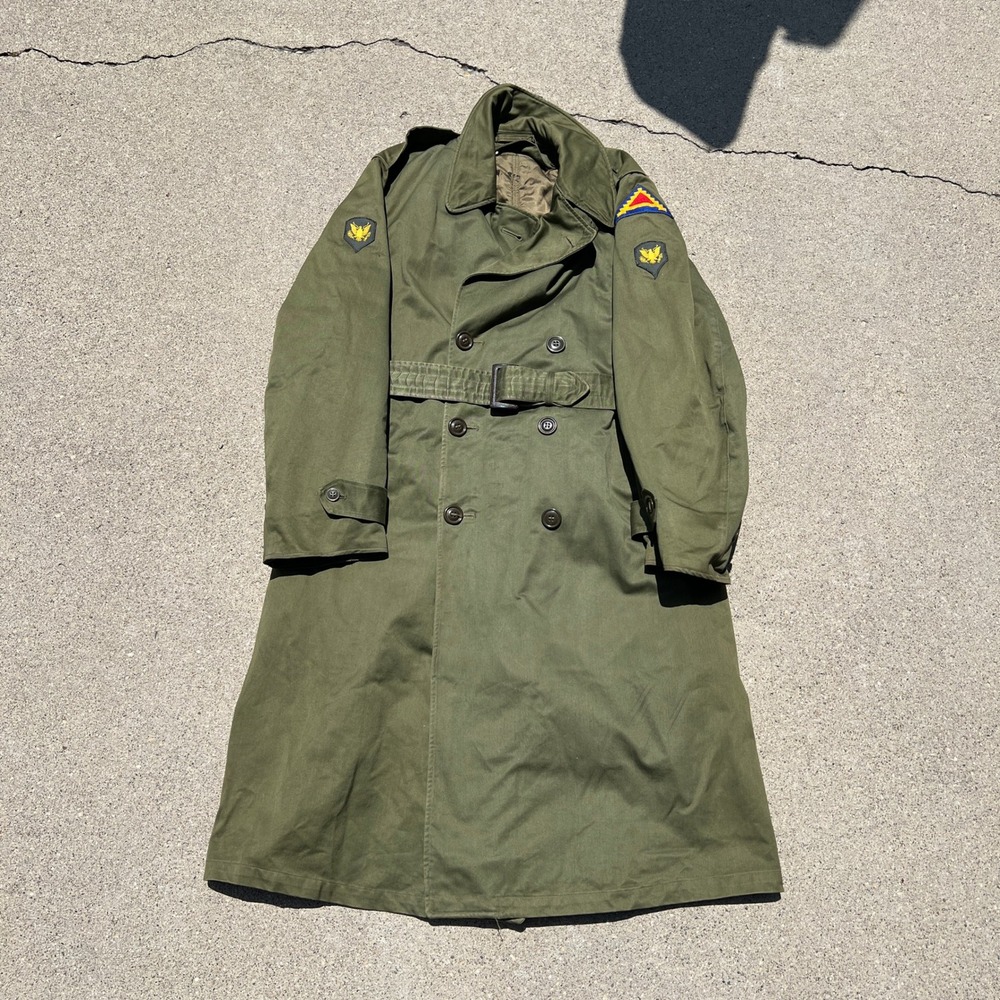 Vintage 1950s US Army Overcoat Cotton Sateen OG-107 Green Medium Regular Trench